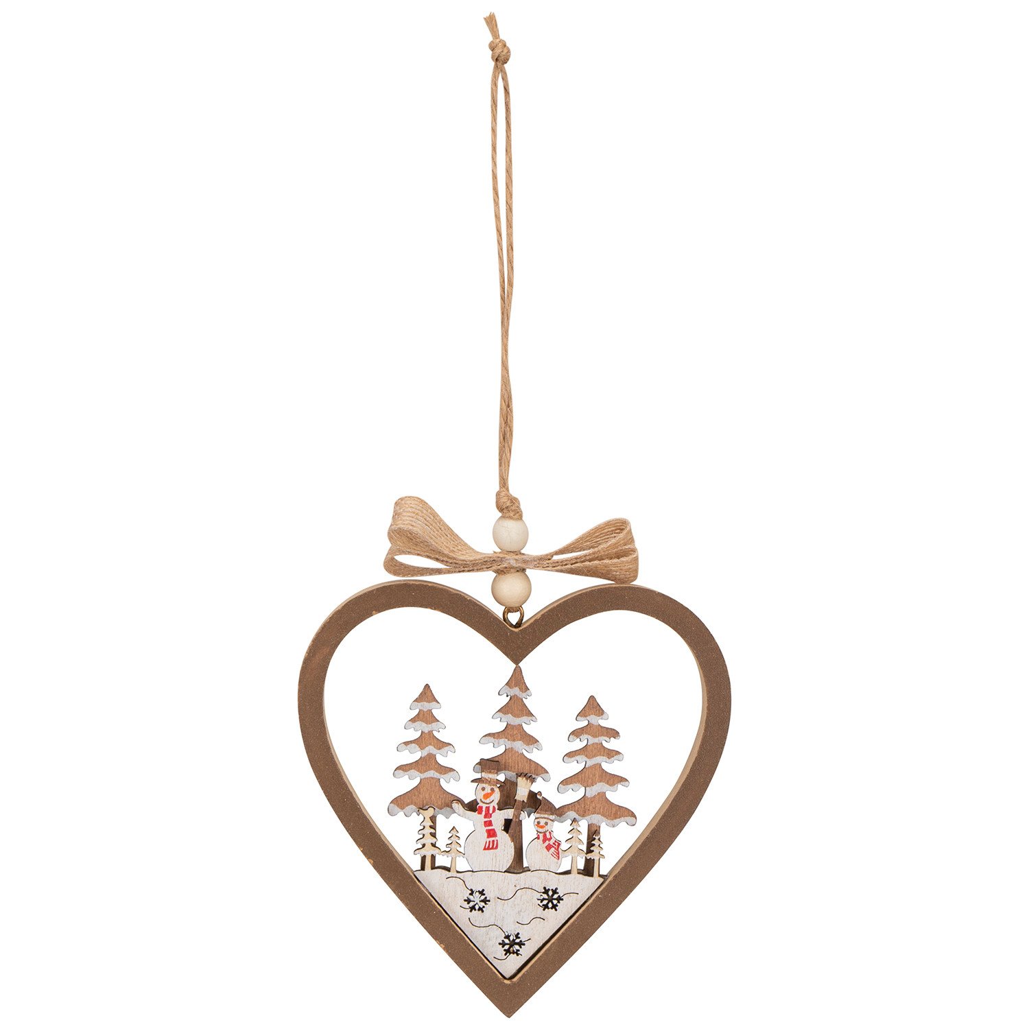 Alpine Lodge Brown Snowman Hanging Wooden Heart Decoration Image