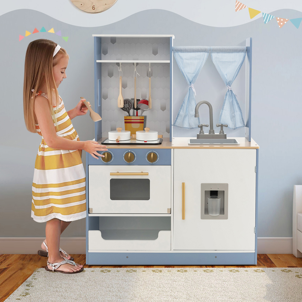 Costway Kids Blue Wooden Kitchen Playset with Cookware Image 3